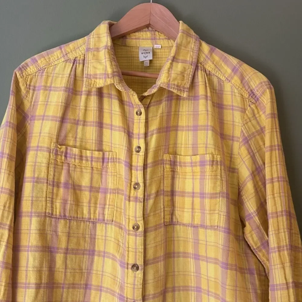 Anthropologie Seen Worn Kept Romy Yellow Plaid Relaxed Button-down Shirt Sz 10
